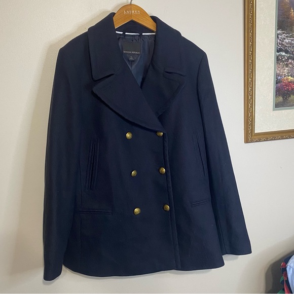 Banana Republic Pea Coat Wool Nylon Gold tone buttons with Emblem Fully Lined XL - Picture 8 of 16